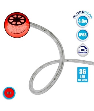 Φωτοσωλήνας LED Διάφανος 1m 4.8W-m 230V 36 LED-m Δίοδος 12mm 250lm-m Αδιάβροχος IP68 Κόκκινο Dimmable GloboStar 22515